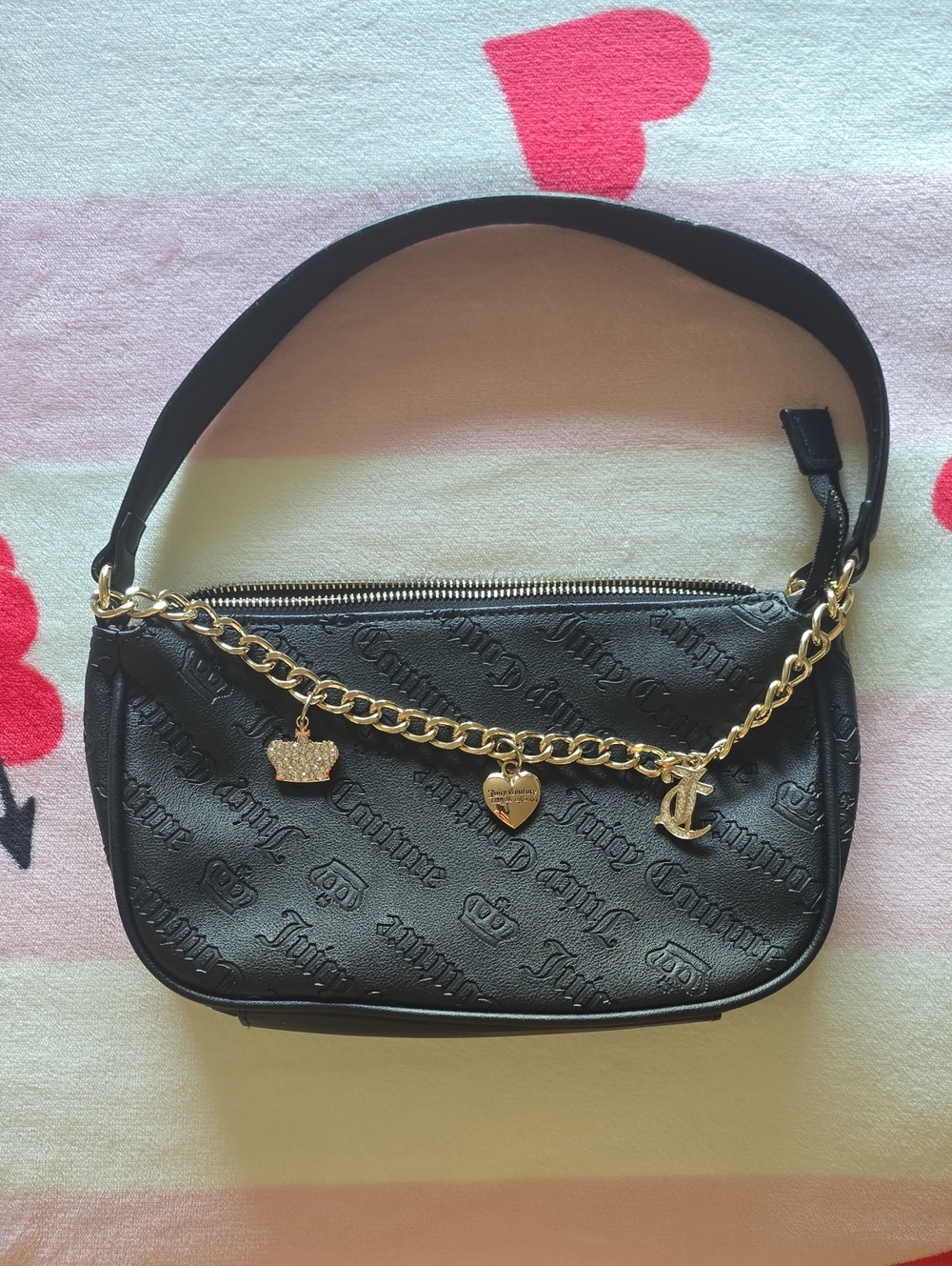 Juicy Couture Black Logo-Embossed Shoulder Bag with Gold Charm Chain